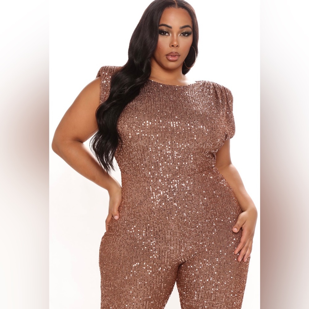🆕NWT Fashion Nova chocolate sequin jumpsuit sz XL